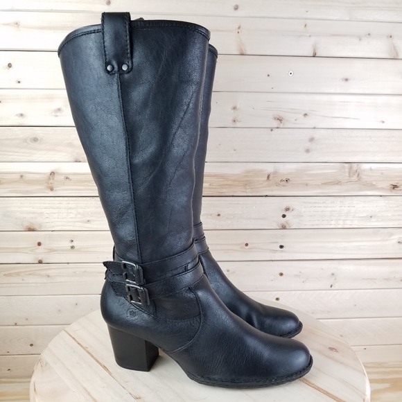 Born Shoes - Born Black Leather Heeled Boot Riding Biker Moto Side Zip Buckle Strappy Size 10